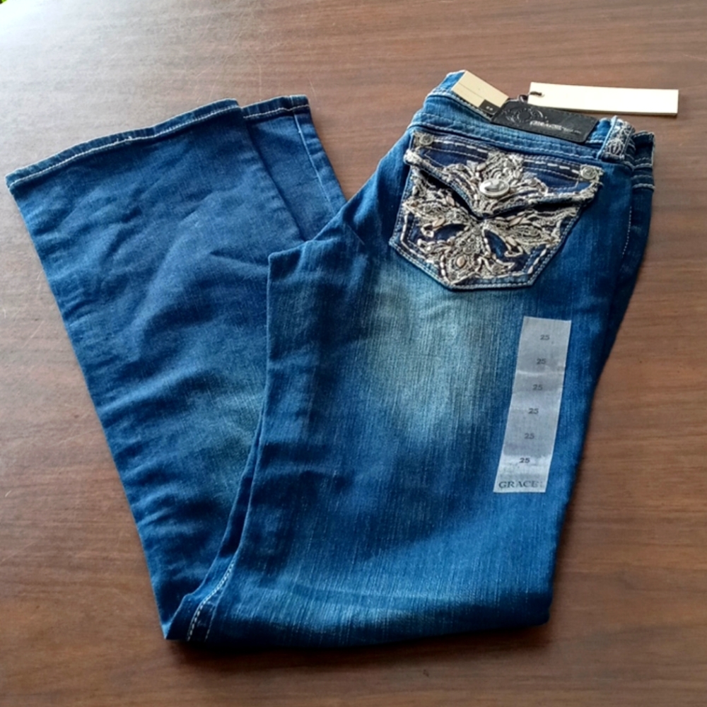 Grace in LA Med Blue Bootcut Jeweled Womens Jeans